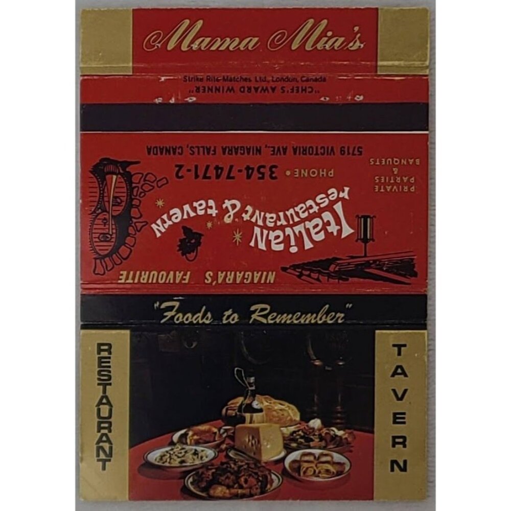 Vintage Mama Mias Italian Restaurant Tavern Matchbook Cover Niagara Falls Canada